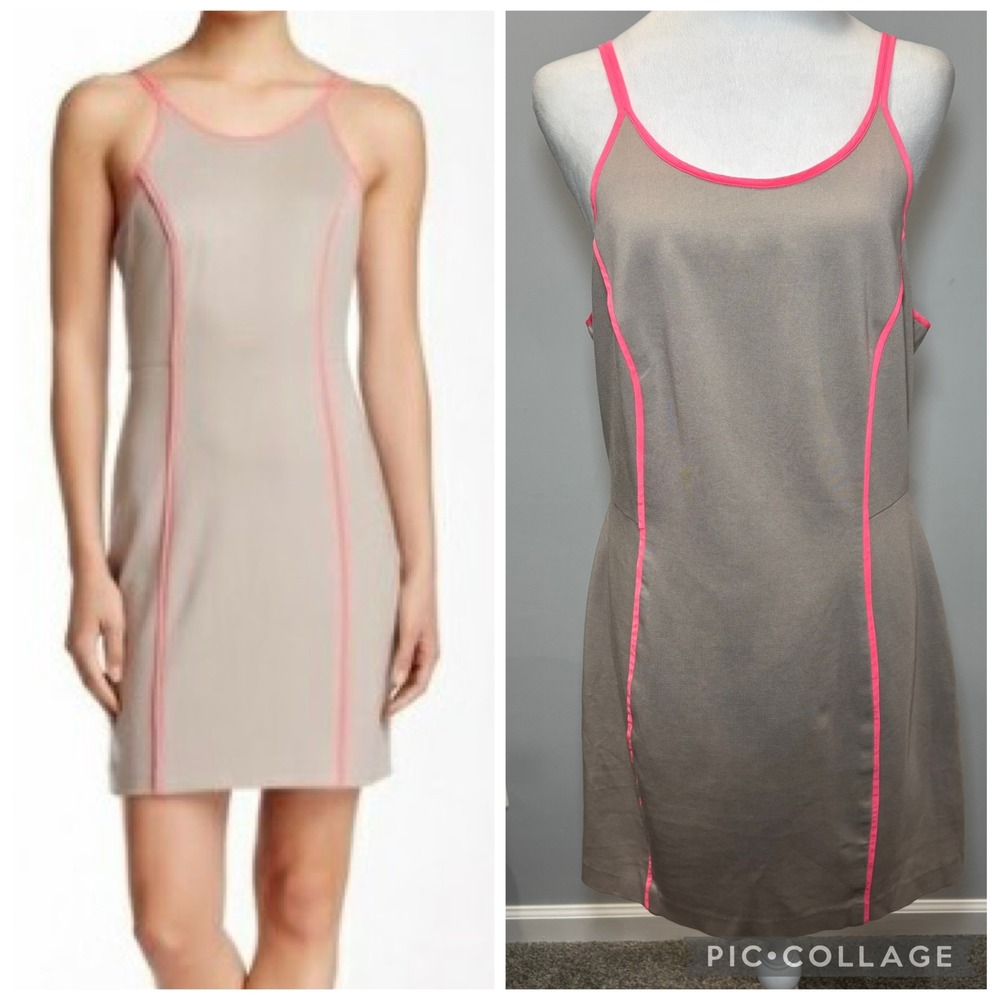 Trina Turk Yvette Bodycon Dress 12 Taupe Neon Pink Silk Piping Strappy Back